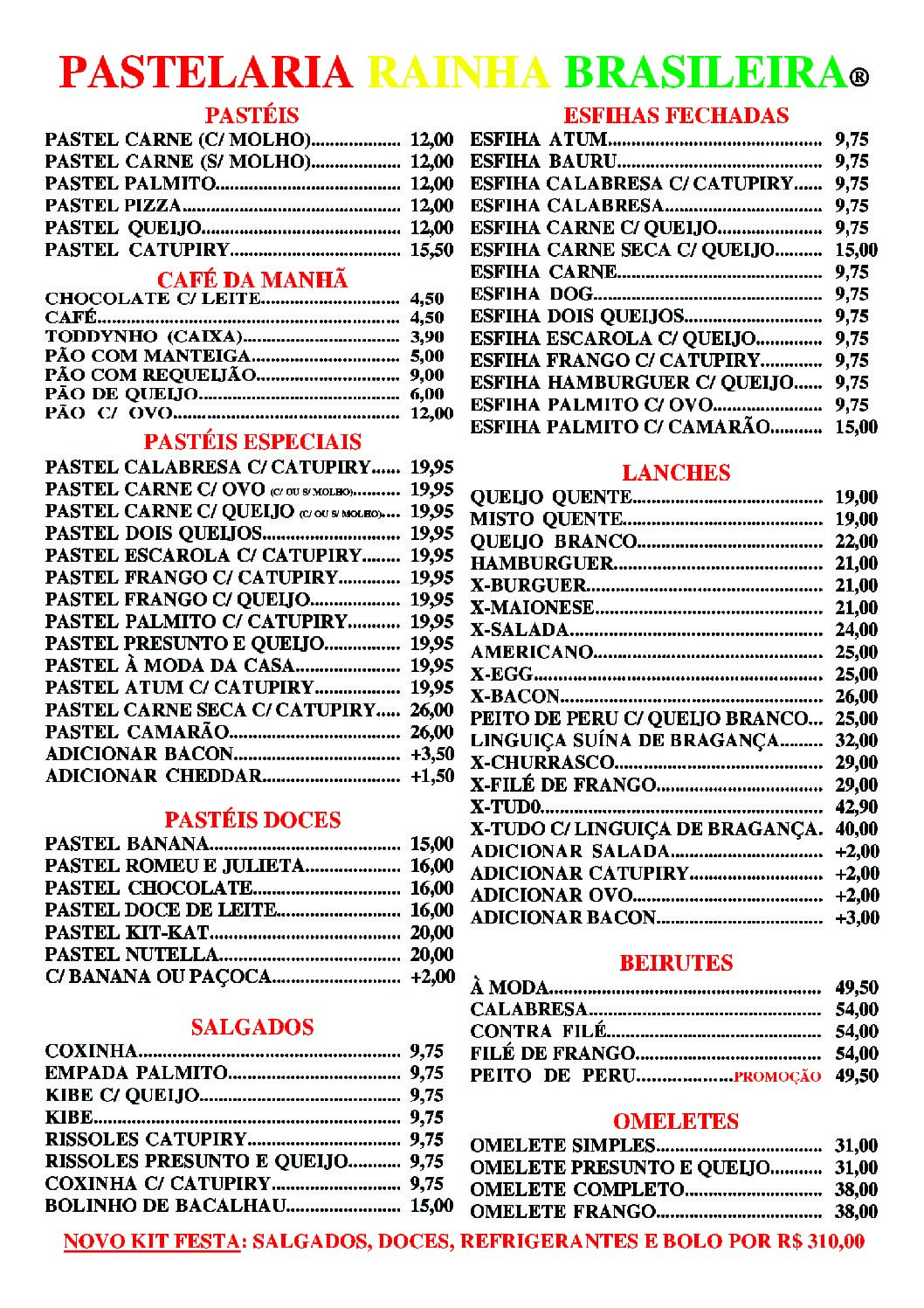 PASTELARIA RAINHA BRASILEIRA CARDÁPIO AGO-2026 - 2